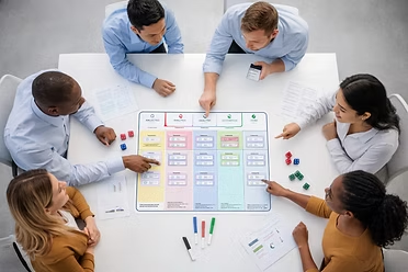 A team gathered around the Play2Learn Kanban board game